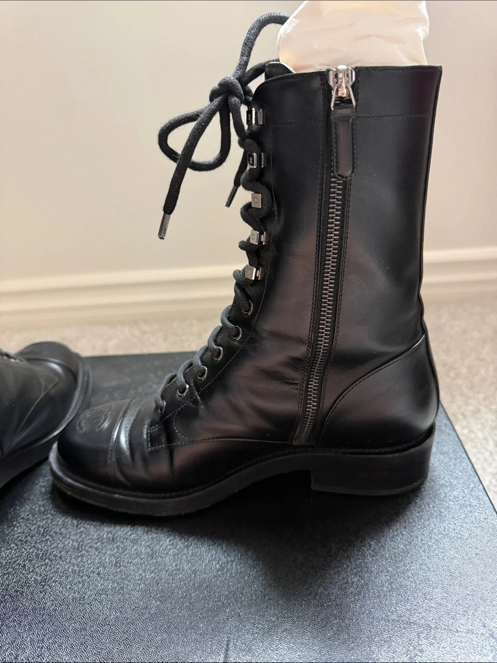 Chanel 19A Black Leather Lace Up Combat Boots 38.5